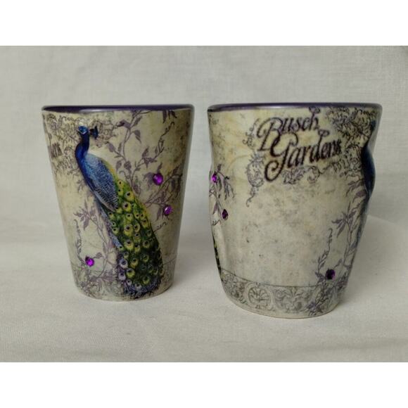 Set Of Two Busch Gardens Collectible Ceramic Shot Glasses - Peacocks - Picture 1 of 4
